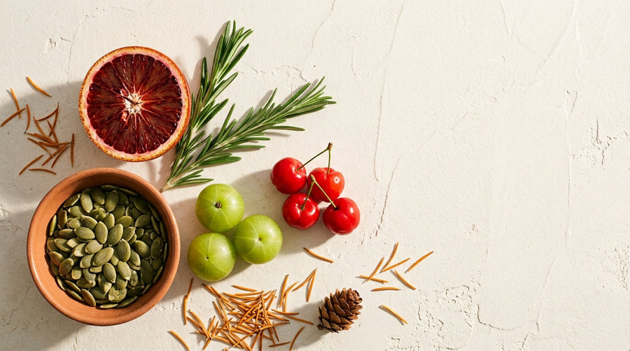 Flat lay of pumpkin seeds, acerola cherries, blood orange, rosemary, and larch on a cream surface.