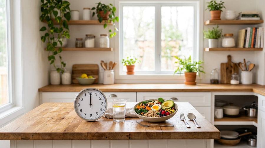 A plate of salad on a kitchen table next to an alarm clock.