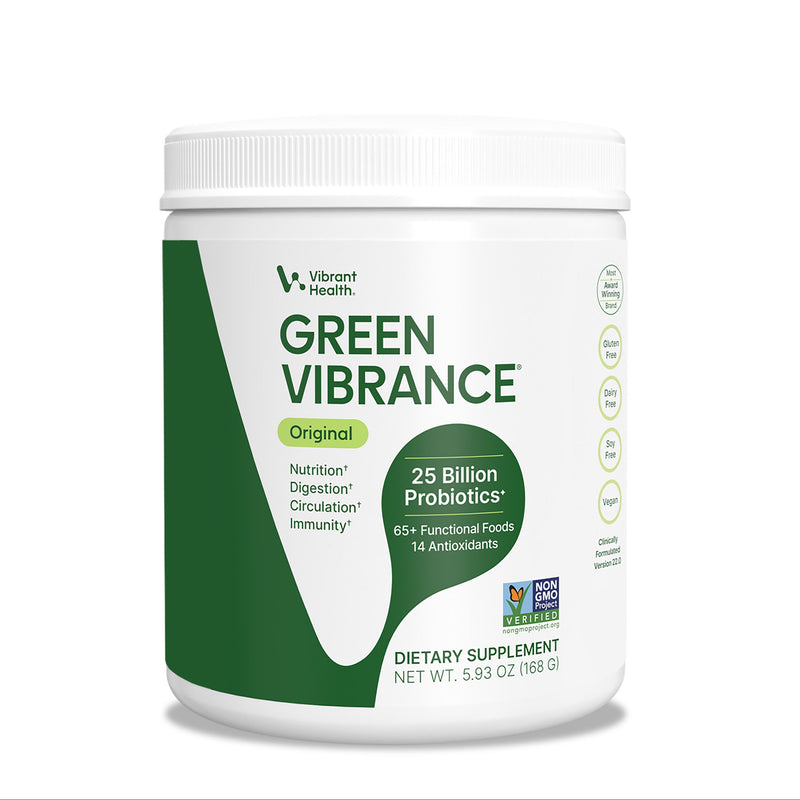 Supplement container labeled 'Green Vibrance' with green and white design on a white background