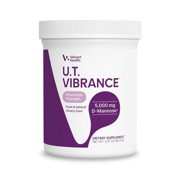 Supplement container labeled 'U.T. Vibrance' by Vibrant Health on a white background