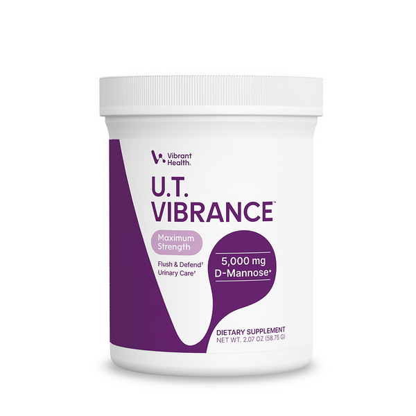 A white plastic tub of Vibrant Health U.T. Vibrance