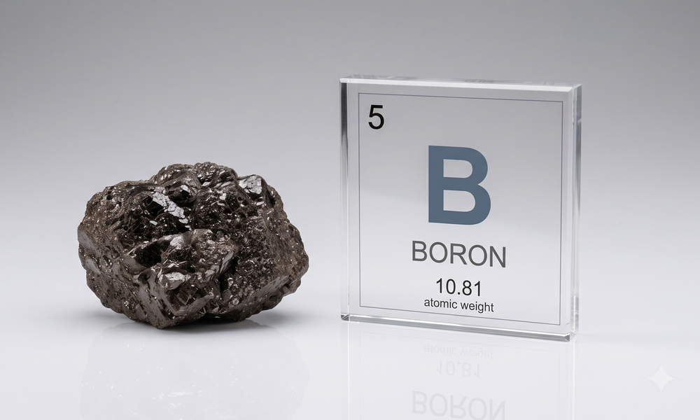 A 3D simulation of a metallic crystalline sample of boron alongside a square acrylic tile displaying periodic table information.