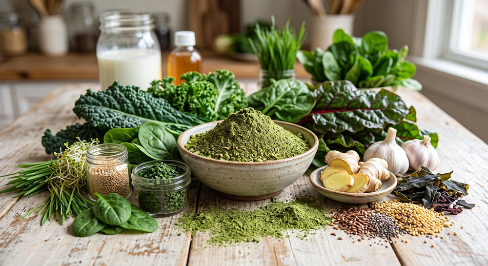 Assorted vegetables and grains  on a wooden kitchen table with a bowl of greens powder in the middle.
