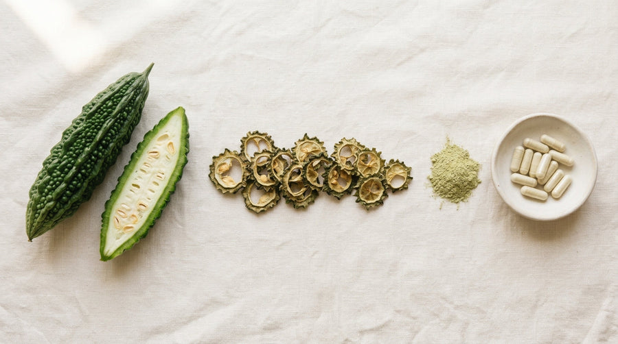 Whole bitter melon, dried bitter melon slices, and capsules arranged left to right on a light surface