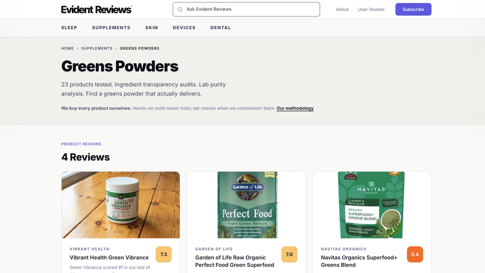 A screen shot of the Evident Reviews Greens Powders review page. 