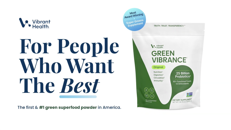 Green Vibrance greens powder on white background with the brand logo and tagline: "For People Who Want the Best" next to the package.