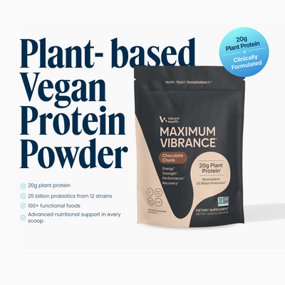 Maximum Vibrance Chocolate Chunk on white background with Plant-based Vegan Protein Powder message.