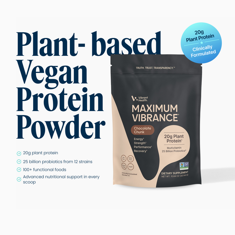 Maximum Vibrance Chocolate Chunk on white background with Plant-based Vegan Protein Powder message.