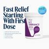 A white plastic tub of Vibrant Health U.T. Vibrance. A message in blue: Fast Relief Starting With First Does 