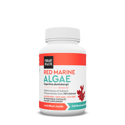 Red Marine Algae supplement bottle by Vibrant Health with a white, red, and teal label featuring red marine algae imagery and 60 vegetarian capsules