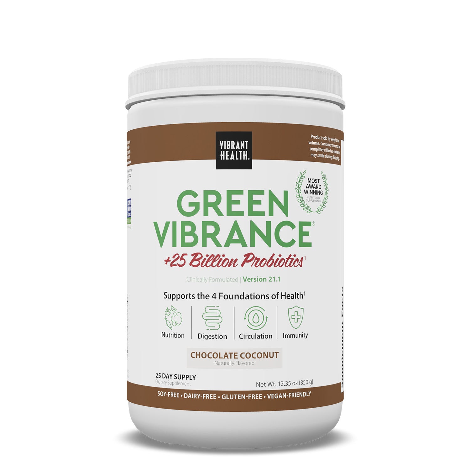 Green Vibrance Chocolate Coconut greens powder container by Vibrant Health
