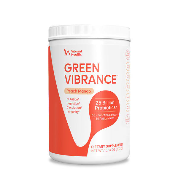 Supplement container labeled 'Green Vibrance' by Vibrant Health on a white background