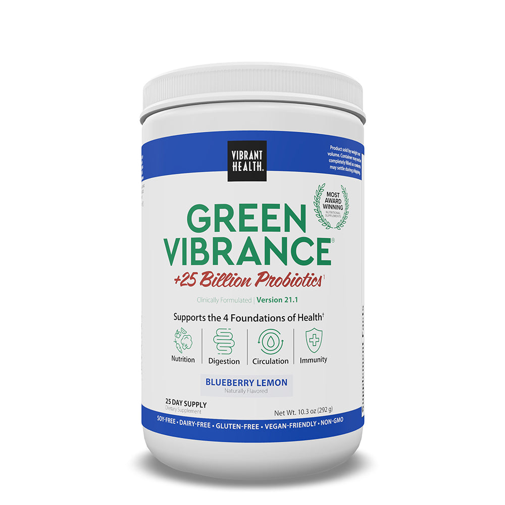 Green Vibrance Blueberry Lemon greens powder container by Vibrant Health