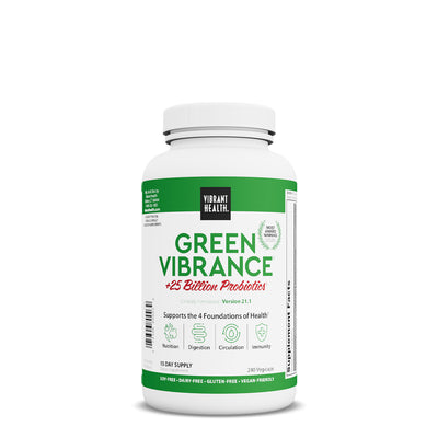 Green Vibrance Capsules bottle by Vibrant Health, a green superfood supplement with probiotics, antioxidants, and plant-based micronutrients