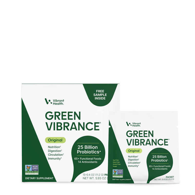 Vibrant Health Green Vibration Original probiotic supplement packaging, showing a larger box and a smaller single-serve packet on a plain white background.