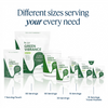 A product lineup graphic showing multiple Green Vibrance supplement containers in different sizes on a white background, with text reading 'Different sizes serving your every need' and serving-size labels below each package.