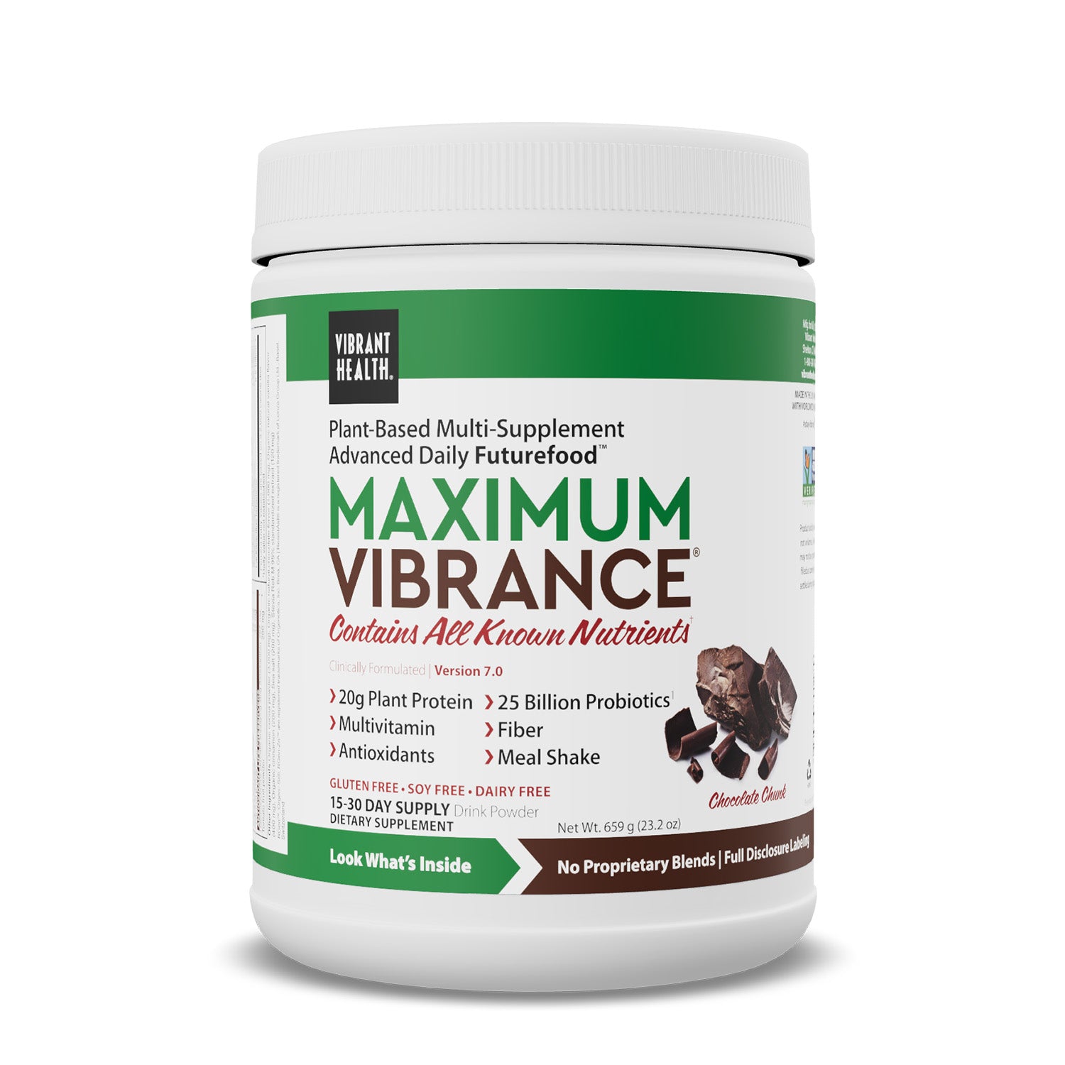 Maximum Vibrance Chocolate Chunk protein and greens powder