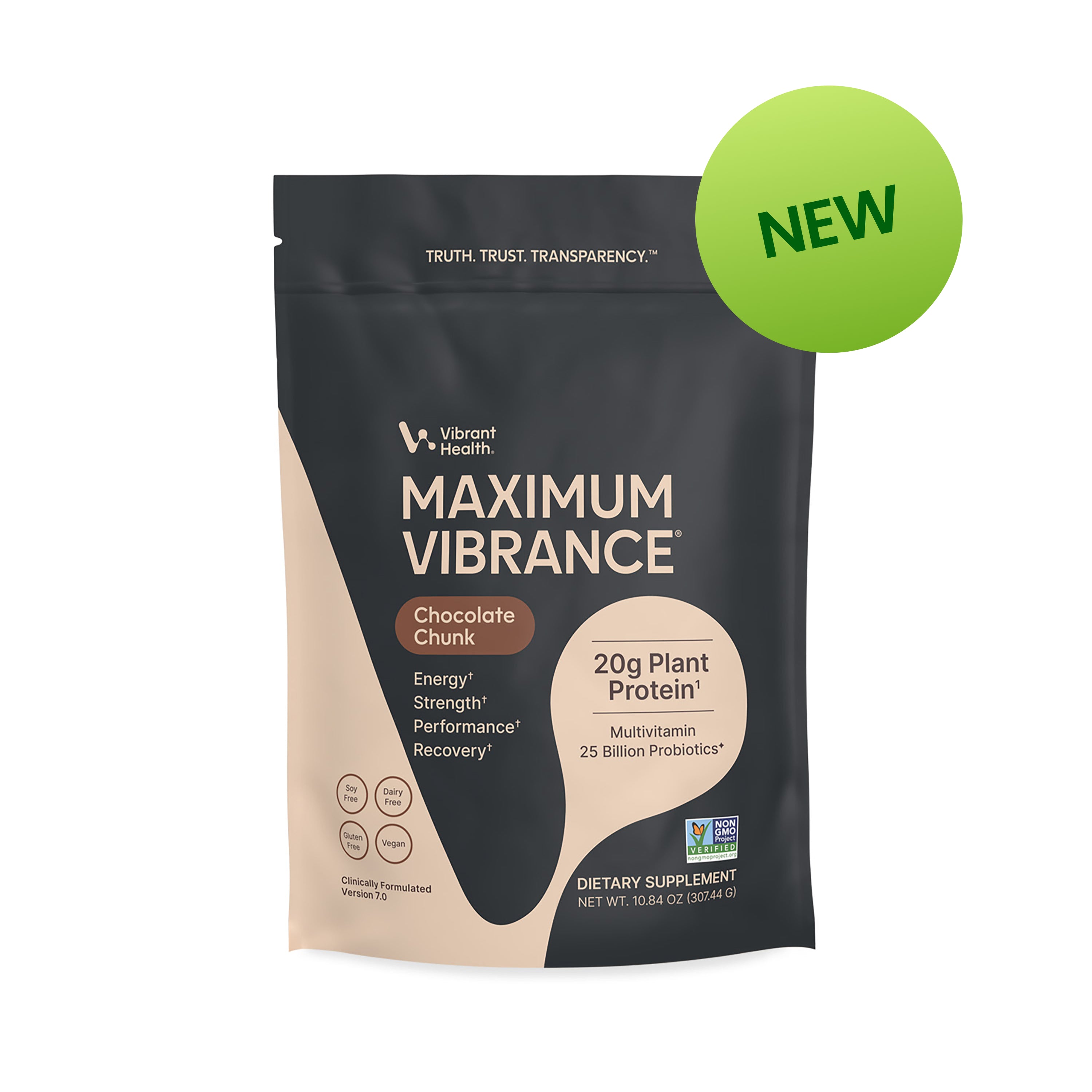 Maximum Vibrance Chocolate Chunk protein and greens powder