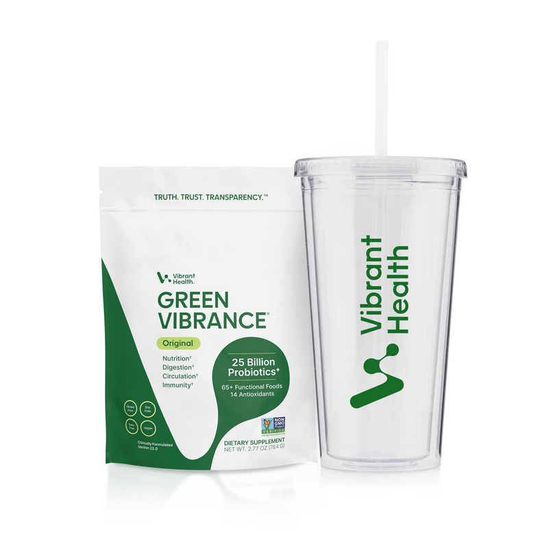 Vibrant Health Green Vibrance probiotic powder pouch next to a clear plastic tumbler with a white straw, both featuring the green Vibrant Health logo on a white background.