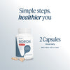 A bottle of Boron by Vibrant Health on white background with brand messaging: Simple Steps, Healthier You.