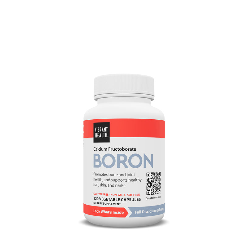 A bottle of Boron by Vibrant Health on white background.