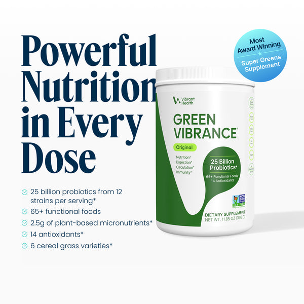 Super greens powder, Vibrant Health Green Vibrance, supplement container with text about powerful nutrition on a white background