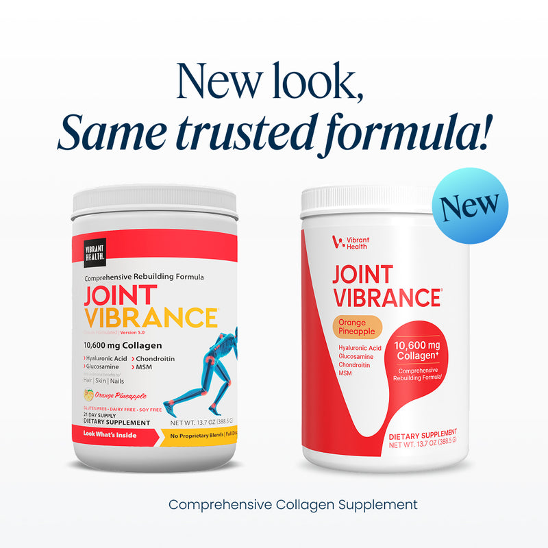 Two white supplement tubs labeled Joint Vibrance, comprehensive collagen supplement, by Vibrant Health are shown on a light gray background with promotional text reading 'New look, Same trusted formula!' and a blue 'New' badge.