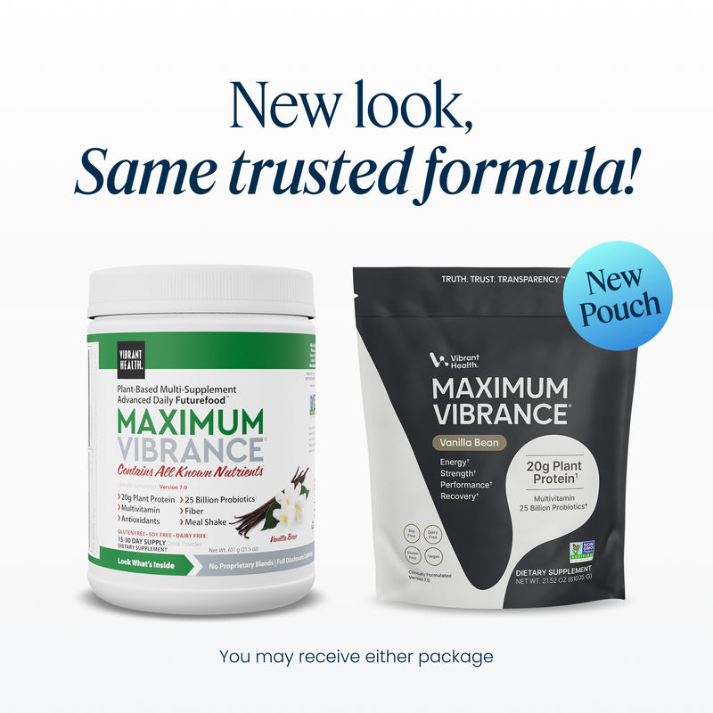 A side-by-side comparison of the old Maximum Vibrance bottle and the new Maximum Vibrance pouch design.