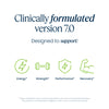 A white informational graphic with the headline 'Clinically formulated version 7.0' and the subtitle 'Designed to support:' above four green outline icons for Energy, Strength, Performance, and Recovery, with small disclaimer text at the bottom.