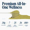 A product information graphic for a wellness powder. The top reads 'Premium All-In-One Wellness' in dark blue text.