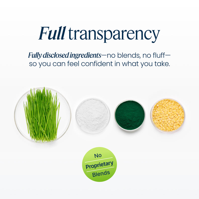 Promotional graphic for a supplement or blend product with the headline 'Full transparency' and supporting text about fully disclosed ingredients. Below, four small ingredient bowls are shown on a white background: green grass, white powder, dark green powder, and yellow granules.