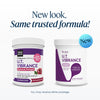 Two white supplement tubs from Vibrant Health are shown on a light gray background with promotional text reading 'New look, Same trusted formula!' and a blue 'New' badge. The left tub has a purple label with cranberry graphics, and the right tub has a mostly white label with purple text and a purple swoosh.