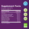 A purple Supplement Facts label for a health supplement, showing the serving size, servings per container, and a table of ingredients with daily value percentages. The right side includes a blue award badge, three light green circles reading Soy Free, Gluten Free, and Vegan friendly, and a green iGen Non-GMO Tested logo.