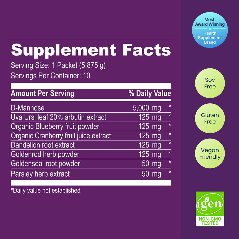 A purple Supplement Facts label for a health supplement, showing the serving size, servings per container, and a table of ingredients with daily value percentages. The right side includes a blue award badge, three light green circles reading Soy Free, Gluten Free, and Vegan friendly, and a green iGen Non-GMO Tested logo.